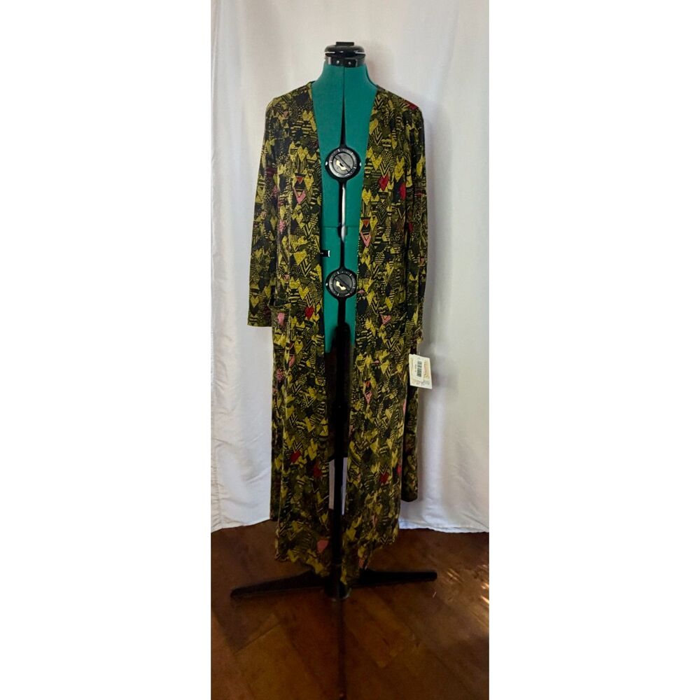 NWT LuLaRoe Sarah black, gold, red, and pink geometric pattern long cardigan